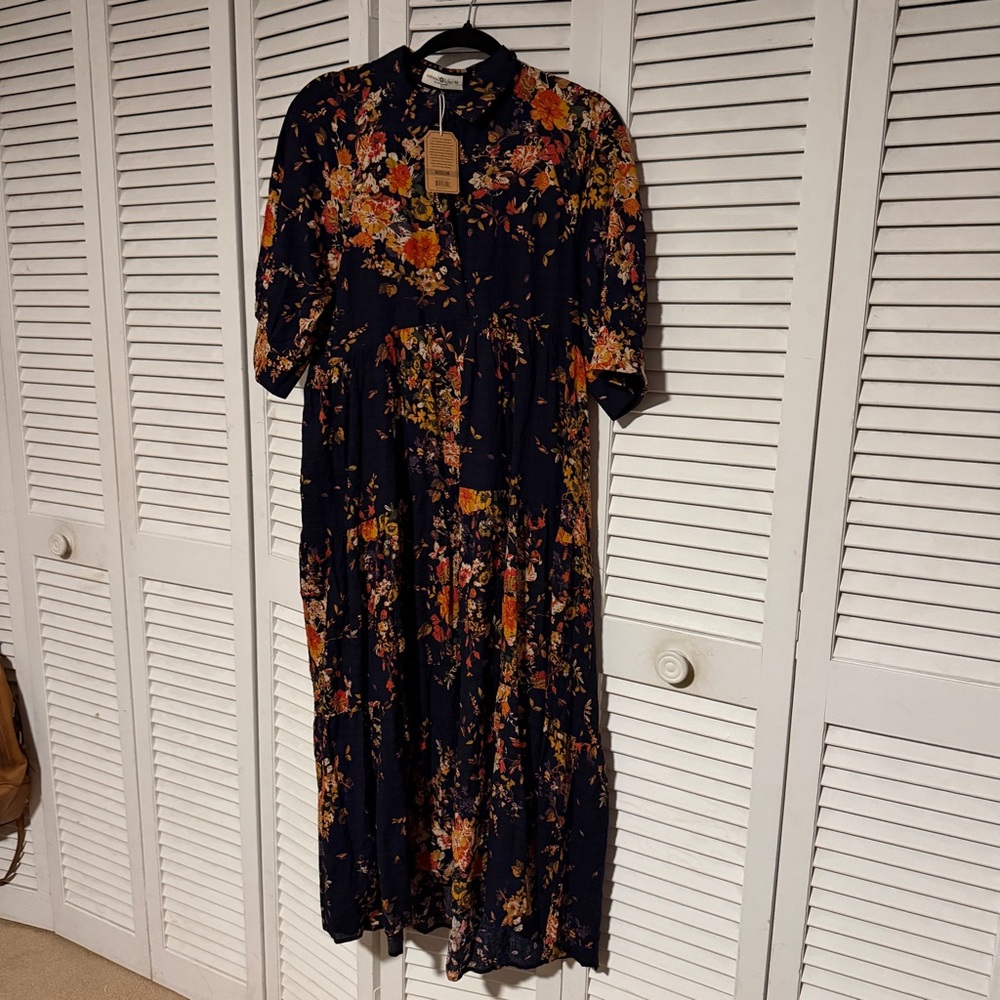 NWT beautiful midi length black flowered button down with short sleeves